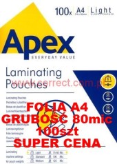 Folia A4 do laminowania błyszcząca 75/80 micronów APEX Fellowes